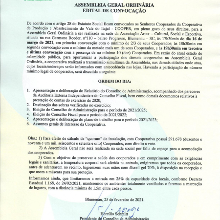 Edital de convoca��o para Assembleia Geral Ordin�ria 2021