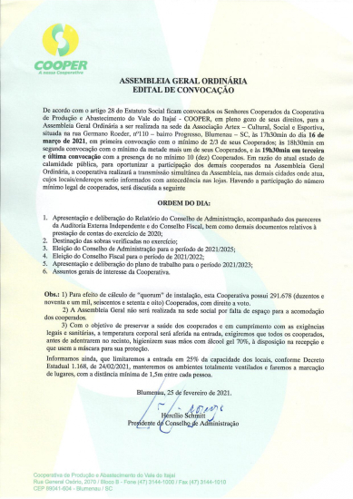 Edital de convoca��o para Assembleia Geral Ordin�ria 2021