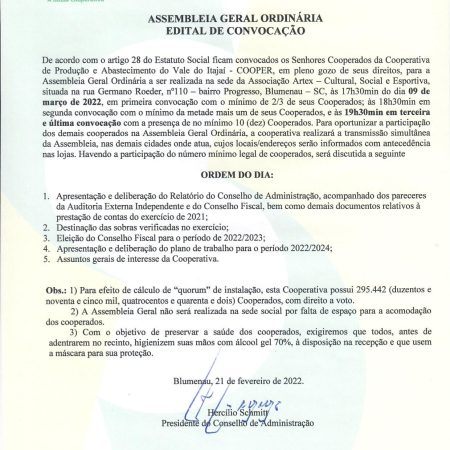 EDITAL DE CONVOCA��O PARA ASSEMBLEIA GERAL ORDIN�RIA 2022