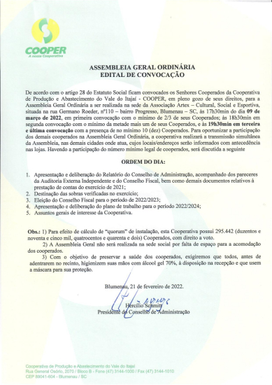 EDITAL DE CONVOCA��O PARA ASSEMBLEIA GERAL ORDIN�RIA 2022