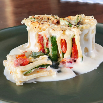 Rondelli com massa de lasanha e creme de batata